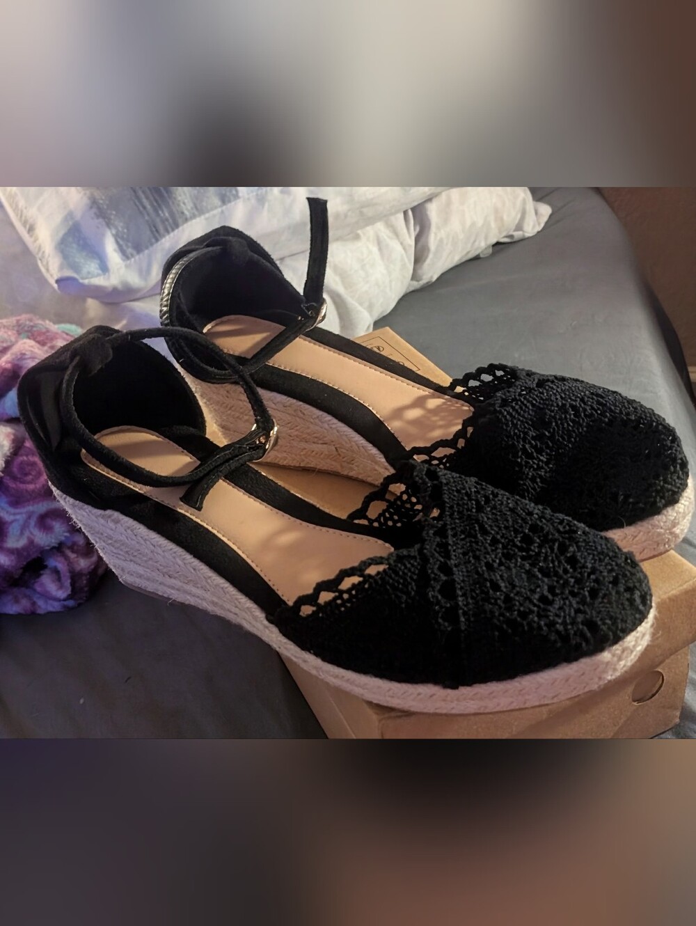 Black/Tan Lace Platform Wedge Espadrilles